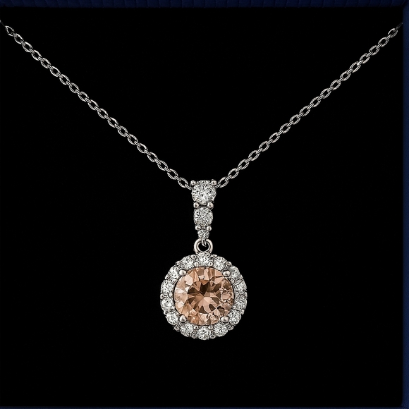 Peach Pink Rhinestone Princess Sterling Silver Necklace - Picture 1 of 3